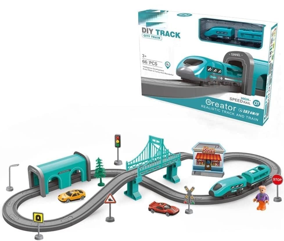 JOY JESTURE Battery Operated Train Set for Kids|66 PCS DIY Electric City Track Railway Toy with Remote Control (City Train Truck)