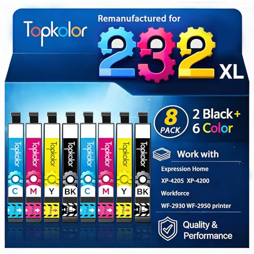 Topkolor Remanufactured Ink Cartridge Replacement for Epson 232XL Ink Cartridges Combo Pack Latest Upgrade Chip High Yield for Expression Home XP-4200 XP-4205 Workforce WF-2930 WF-2950 Printer 8 Pack