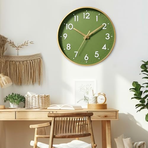 Image of Mosewa Wall Clock 10 Inch, Battery Operated Silent Non-Ticking Modern Analog Clock Decorative for Kitchen, Bedroom, Office(Olive Green and Gold)