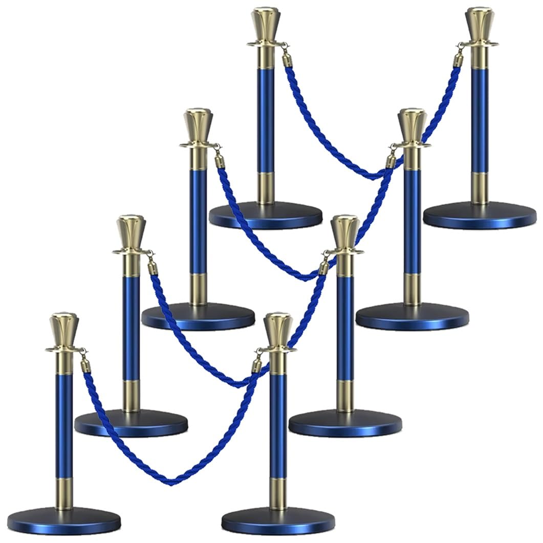 Juego de postes de control de multitudes de acero inoxidable de 23.6 pulgadas, sistema profesional de gestión de colas con cuerda retráctil de 5 pies, paquete de 8 soportes de barrera (azul)