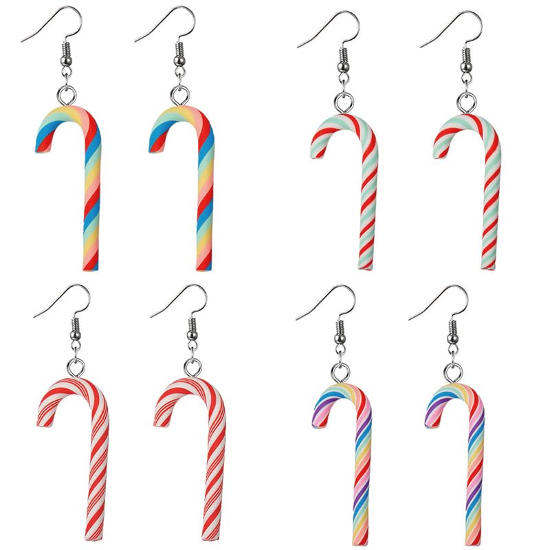 MALOYANVE 4 Pcs Christmas Candy Cane Earrings for Women Handmade Funny Rainbow Colorful Sweet Swirl Candy Sugar Polymer Clay Dangle Drop Earrings Xmas