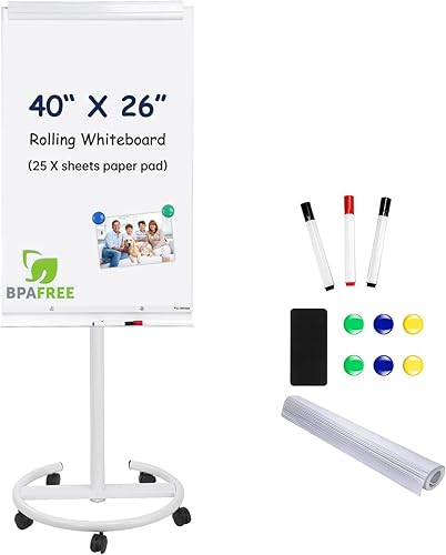TSJ Office - Pizarra blanca magnética de pie de 40 x 26 pulgadas, pizarra blanca de borrado en seco con soporte, caballete giratorio, altura
