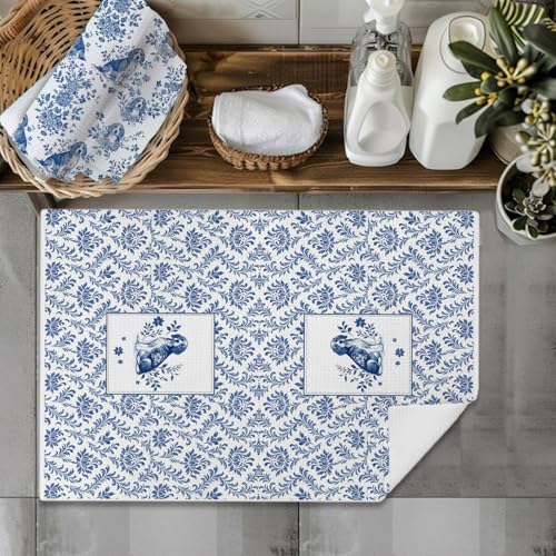 Image of Chinoiserie Beagle Kitchen Towels 16x24 Inch Set of 2,Blue and White Floral Dog Dish Towel, Vintage Dachshund Hand Towel for Farmhouse Bathroom Kitchen Decor