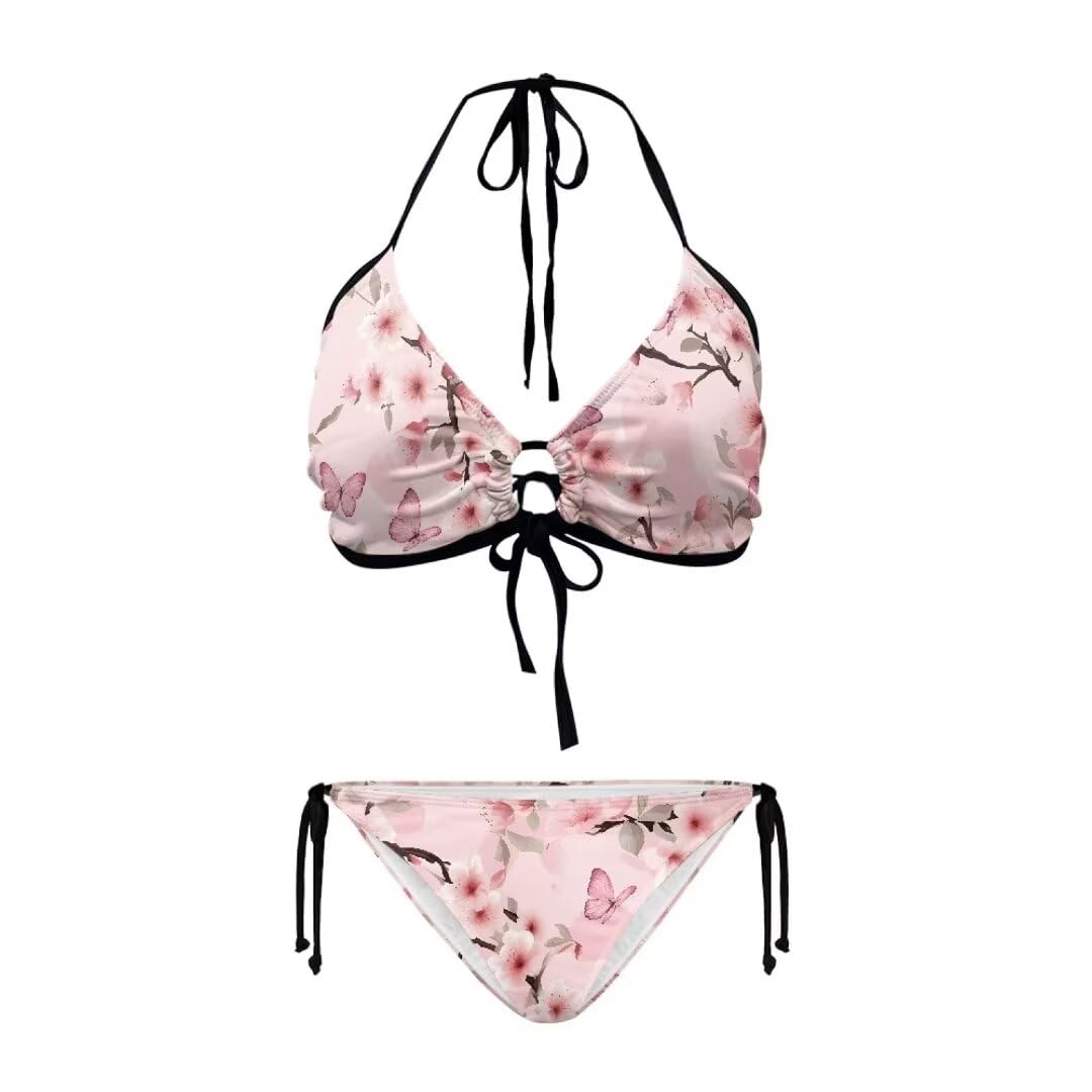 Youngerbaby Women Pink Butterfly Triangle Bikini Sets,Cherry Blossom Sexy 2 Piece Bathing Suits String Bikini Swimsuit Plus Size XL