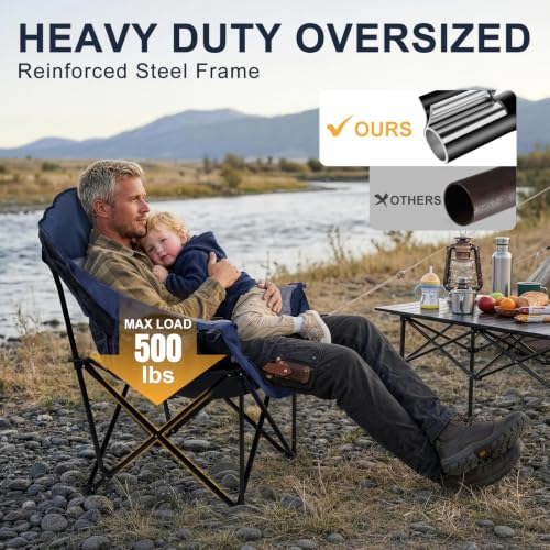 Image of Oversized Camping Chairs for Adult - Heavy Duty Padded Portable Folding Chair XL Collapsible Camp Chair with Cup Holder Cooler Pockets for Outdoor Lawn Beach Sport Fishing Support 500LBS, Blue Grey