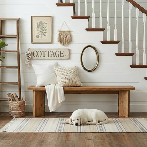 TRIBEWOOD Solid Wood Entryway Bench, 62.99\" Long Bench with Thickened Legs, Farmhouse Wooden Seating Benches for Entrance, Dining Room, End of Bed, Bay Window - Thumbnail 7