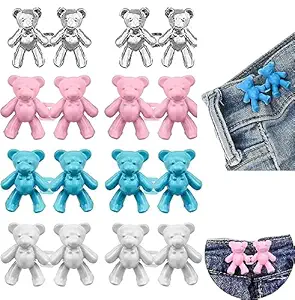 SXWLJT Cute Bear Button Pins for Jeans Adjustable Teddy Bear Button Pins Waist Buckle for Loose Jeans Pants, Detachable Buttons for Jeans Waist Buckle No Need Sewing Waist Tightener Clip (4)