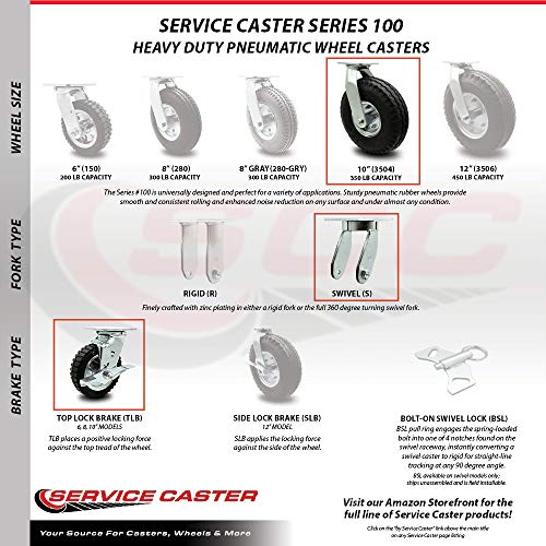 10 Inch Swivel Pneumatic Casters Set of 4 - Black Rubber Wheels - Includes 4 Swivel with Top Lock Brakes - Heavy Duty Casters - 1,400 lbs. Total Capacity - Service Caster Brand