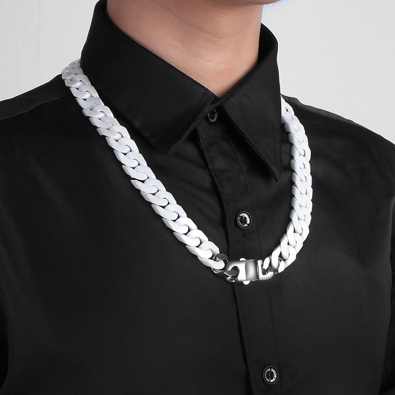 12mm Cuban Link Chain for Men Stainless Steel Silver Mens Chain Necklaces Ceramic White Miami Curb Chain Necklace Hip Hop Jewelry for Men Women3