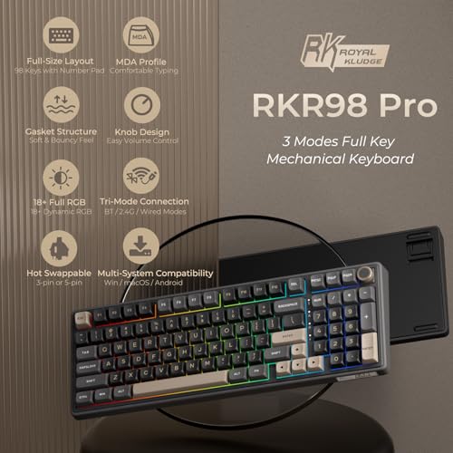 Image of RK ROYAL KLUDGE R98 Pro Wireless Mechanical Keyboard, Creamy Bluetooth /2.4GHz /Wired RGB Gaming Keyboard with Number Pad and Knob, MDA Profile PBT Keycaps, Gasket Hot Swappable Linear Switch, Black