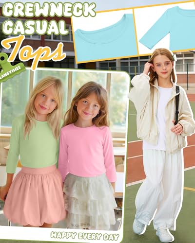 Image of 4 Pack Girls 3 /4 Sleeve T Shirts Kids Crewneck Elbow Sleeve Casual Tops Solid Basic Cute Teen Tees 5-14Y