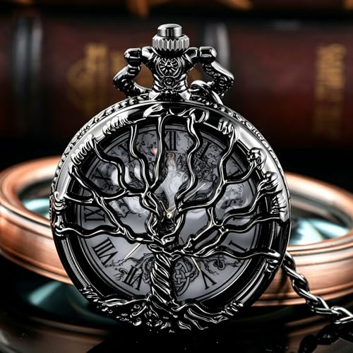 Image of Tiong Pocket Watch Hollow Tree of Life Design Roman Numerals Engraved Bible Verse Quartz Pocket Watch with Chain Custom Pocket Watch Birthday Gifts
