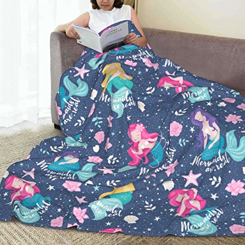 Oplp Cute Mermaid Cartoon Throw Blanket For Bed Sofa Couch Blue Background Fleece Blankets Lightweight Soft Cozy 50"X40" #TOP7