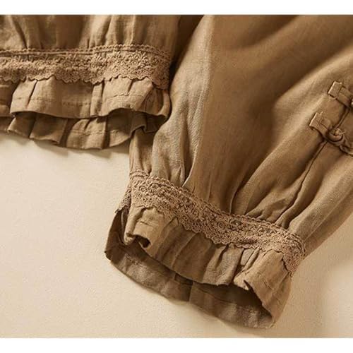 Womens Cotton Linen Pants Vintage Embroidery Elastic Waist Solid Color Casual Pants Ruffle Cropped Trousers Pockets4