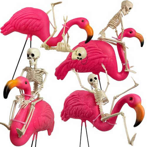 GIFTEXPRESS 8‑Piece Halloween Yard Decorations – 4 Posable 16 inch Skeletons + 4 Pink Flamingo Lawn Ornaments with Rust‑Resistant Stakes & Pink Zip Tie, Outdoor Garden Statues, Spooky Graveyard Decor