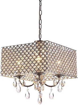 chicstyleme Pendant Fixtures Modern Royal Crystal Pendant Light Square Chandelier Chrome with 4 Lights Pendant Lights for Bedroom Dining Cloakroom