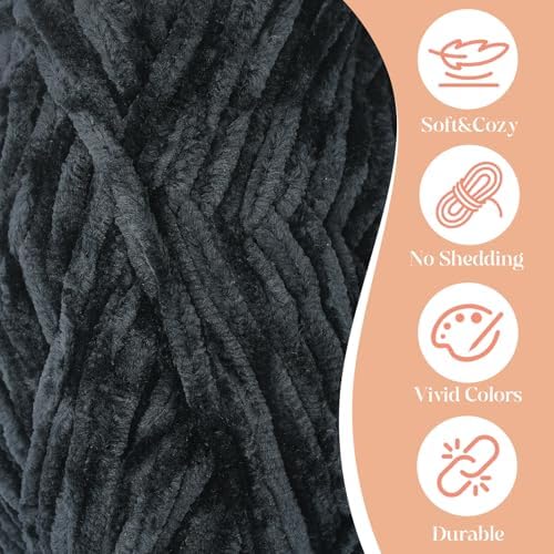 3 Pack Velvet Chenille Yarn for Crocheting and Knitting Beginners,Black Velvet Plush Fuzzy Fluffy Chenille Yarn for Crochet Blankets/DIY Crafts(Black)