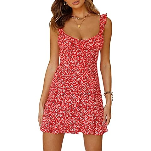 Maxwinee Women's Summer Dress Floral Ruffle Strap Mini Dress Boho Sundress Sexy Red Cover