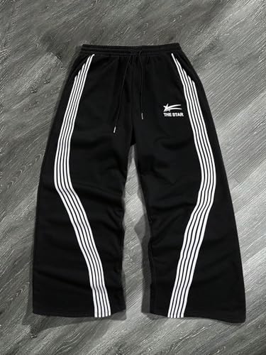 QJQ Men's Wide Leg Baggy Sweatpants Vintage Y2K Striped Track Pants with Pockets Casual Streetwear3