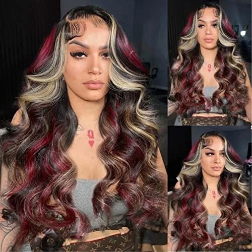 UNICE Skunk Stripe Wigs Black Red Blonde Highlights 13x4 Transparent Lace Front Wigs Human Hair Body Wave Brazilian Glueless Frontal Wig Pre Plucked with Baby Hair 150% Density 18 inch 18 In