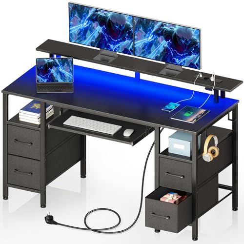 Rolanstar Bureau avec Tiroirs, Bureau Gamer 120 x 47 cm avec Prise Intégrée, LED et Support Écran, Bureau d'Ordinateur avec Plateau Clavier- pour Jeu...