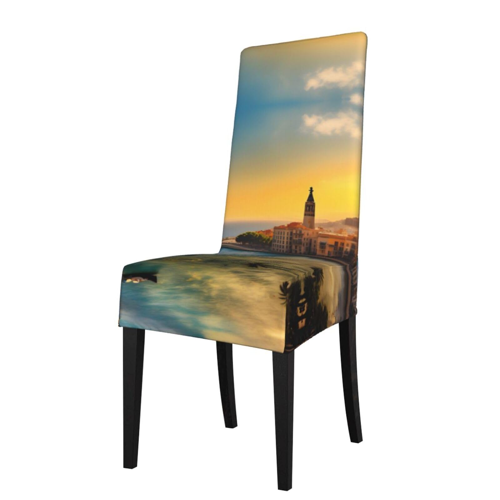 Removable Protective Cover, Sunset in Barcelona Stretch seat Cover for Square Back Dining Chair, Parson Chair, Dining Chair Protective Cover,