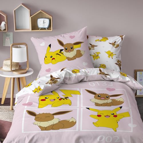 Pokemon EVOLI Parure de lit Enfant | 100% Coton | Oeko-TEX | Housse de Couette 140x200cm + Taie d'oreiller 63x63cm | Imprimé Fille | Rose