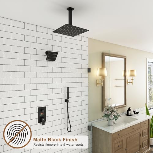 CASAINC Sistema de Ducha Montado en Techo con Cabezal de Lluvia de 12 Pulgadas y Spray de Mano & Cabezal de Ducha de 6 Pulgadas, Conjunto Multifuncional con Display de Temperatura de Agua (Negro Mate) miniatura 2