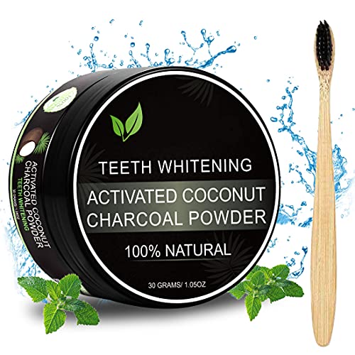 Activated Charcoal Teeth Whitening Powder - Fluoride Free No Hurt on Enamel or Gum Natural Teeth Whitener Effective Remover Tooth Stains with Bamboo Brush 1.05oz