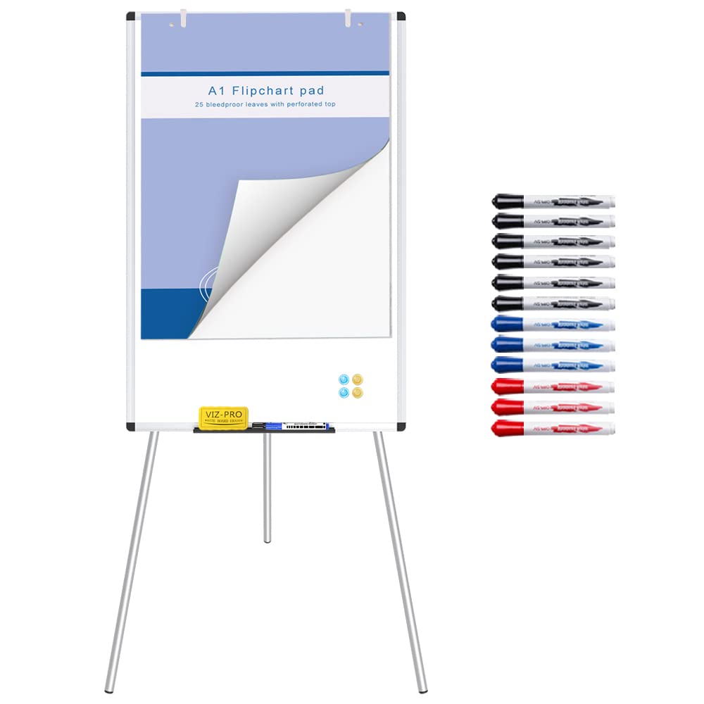VIZ-PRO Pizarra blanca magnética con caballete y altura ajustable, 90x60 cm, portátil y con bandeja. Incluye 14 rotuladores, 1 bloc de rotafolios, 1 borrador y 4 imanes