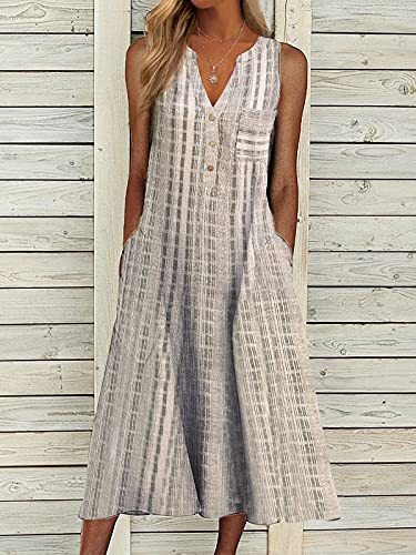 Women Casual Summer Stripe Button V Neck Sleeveless Pock