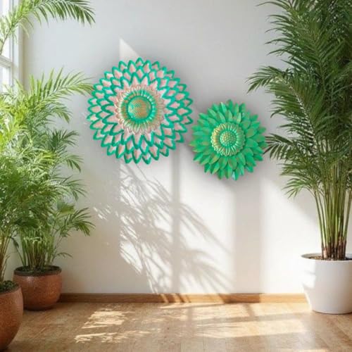 Image of SETHI AESTHETIC Metal Flower Wall Art Decor, Handmade 3D Layered Petal Design, Set of 2 (13x13 inch and 11x11 inch) (Olive Green)