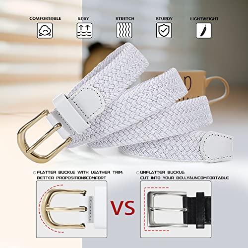 Werforu Braided Elastic Belts For Women And Men Canvas Stretch Woven Golf Belt With Gold Buckle, White,39.4In Length, Fit Size 30-34 Inches #TOP3