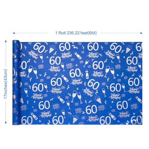 Geschenkpapierrolle zum 60. Geburtstag, 6 m x 43 cm, blau, ideal zum Verpacken von Geburtstagsgeschenken