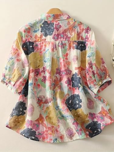 Image of Gufrina Women's Casual Button-Down Shirt with Multicolor Floral Print & Half Sleeves, Collar Neck