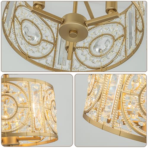 Image of Semi Flush Mount Chandelier for Dining Room, 3-Lights Vintage Crystal Round Chandelier, Gold Retro Semi-Flush Mount Ceiling Lights Fixture for Living Room Bedroom Kitchen Hallway Foyer