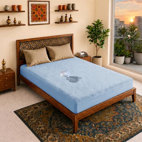 Image of Lithara Terry Cotton Fitted Mattress Protector for Queen /Double Bed | Waterproof & Elastic Band | Ultra Soft & Hypoallergenic Mattress Cover | Size : 60 x 78 Inches (5 x 6.5 Feet) | (Sky Blue)