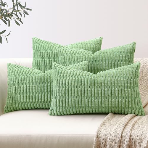OTOSTAR Set of 4 Soft Corduroy Decorative Throw Pillow Covers 12x20 Lumbar Striped Pillowcases Boho Home Decor Cushion Covers 30x50cm for Sofa Patio Farmhouse Bedroom Living Room (Sage Green)