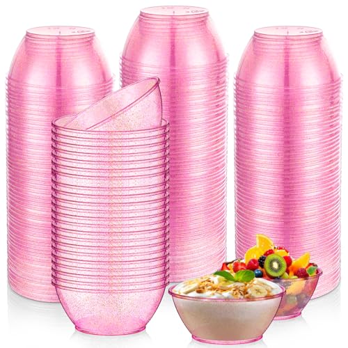 Yungyan 200 Pack Disposable Clear Plastic Bowls for Party 6oz Hard Plastic Salsa Dessert Ice Cream Candy Fruit Small Glitter Bowls for Christmas Wedding Baby Shower Birthday Party(Pink)