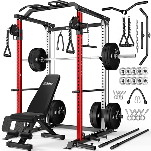 GOIMU DP01 Power Cage, 2000LBS Squat Rack with Cable Crossover and Dual Independent Pulley System, Full Cage for Full Body Training, Power Rack with More Training Attachments for Home Gym(Rd-A,340Lbs)