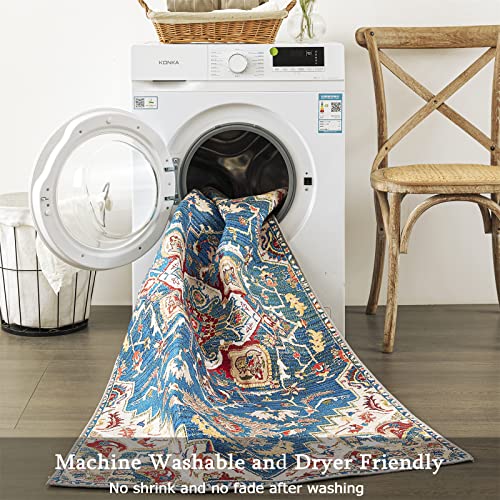 Estmy Persian Oriental Wine Red/Blue 3X5 Area Rug For Kitchen Entryway Indoor Entrance Bathroom Bedroom Laundry Non-Slip Machine Washable, Traditional Vitnage Distressed Medallion Thin Front Doormat #TOP5