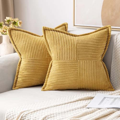 Image of MIULEE Decorative Throw Pillow Covers for Couch Bed Livingroom 18x18 Inch Set of 2 Gold Boho Accent Throw Pllows Broadside Striped Patchwork Soft Corduroy Summer Pillowcases