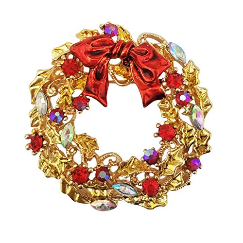 Broche de Noël couronne en cristal rouge et émail doré pour vos tenues de fêtes