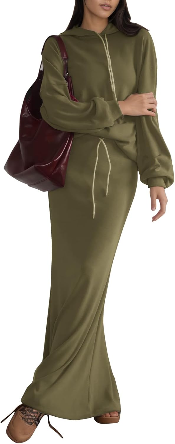 EXLURA Women 2 Piece Outfits Fall Airport Long Sleeve Hoodies Matching Long Skirt Dress Sweatsuits Lounge Sets Winter 2026