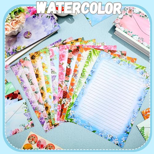 Image of TaoBary 160 Pcs Flower Stationery Paper and Envelopes Set 50 Double Sided Lined Stationery Paper with 50 Matching Envelopes and 60 Round Dot Sticker 8.5 x 11'' Letter Writing Kit, 10design