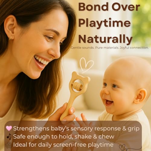 Image of Babbles Wooden Rattle Set for Babies 0-6 Months, 6-12 Months | New Born Toys | Baby Shower Gifts | New Born Baby Essentials | Rattle Toys (Ring+Dumbbell+Micky Head)