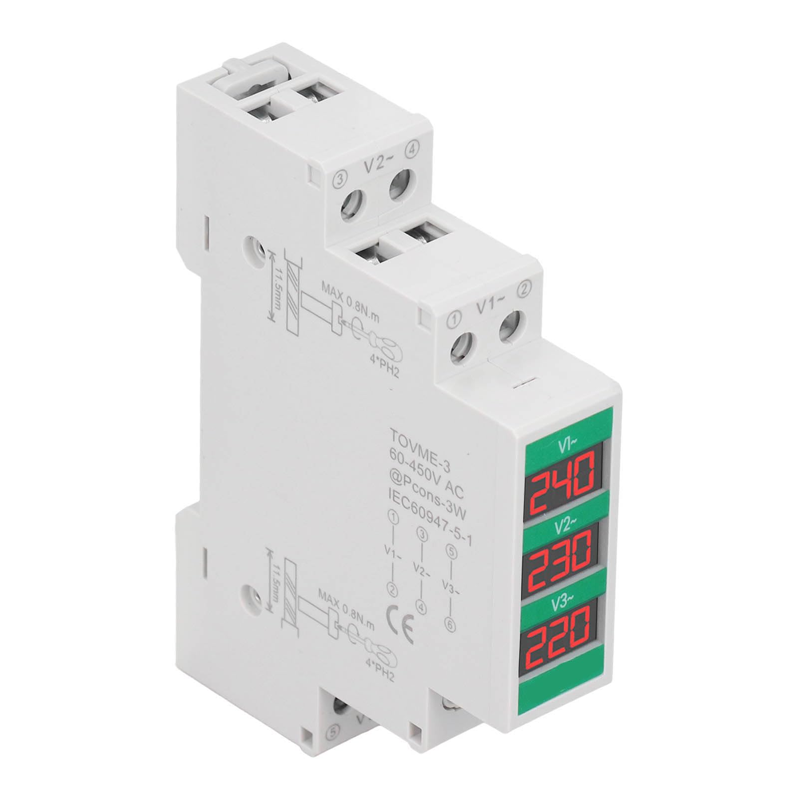 Woltomierz Trójfazowy 60-450V Ekran LCD Tester Miernika Napięcia, Montowany na Szynie DIN Woltomierz Cyfrowy i Detektor Napięcia