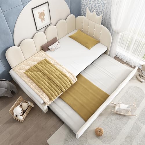 Mrwoo Sofá Cama 90x200 cm con Diseño Extraíble, Cama Día con Diseño de Rejilla en Forma de Corona, Cama Individual, Cama Tapizada, Terciopelo, Beige-A(Sin Colchón)