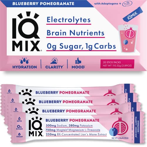 IQMIX Sugar Free Electrolytes Powder Packets - Hydration Supplement Drink Mix with Keto Electrolytes, Lions Mane, Magnesium L-Threonate, and Potassium Citrate - Blueberry Pomegranate (20 Count)