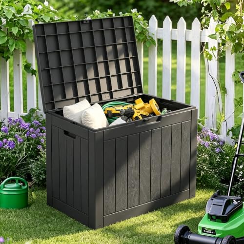 Image of NUNU LAB 32 Gal Outdoor Storage Box Waterproof Lockable,Deck Box,Black | Waterproof Outdoor Storage Box, Lockable Lid Deck Box for Package Delivery, Backyard Bin for Garden Tools, Patio Cushion